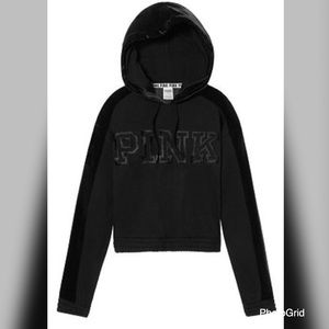 VS PINK- Black Velvet Cropped Hooded Pullover sz S